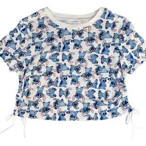 New Disney Lilo and Stitch Womens XL Crop Top Shirt White Blue Drawstring Sides